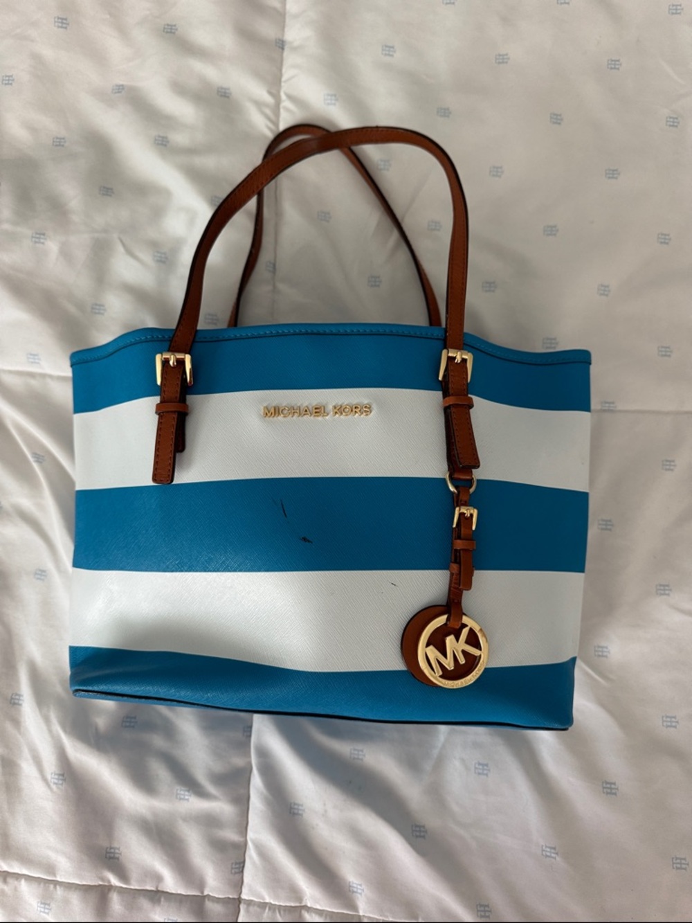 Michael Kors Blue, White & Brown Striped Tote